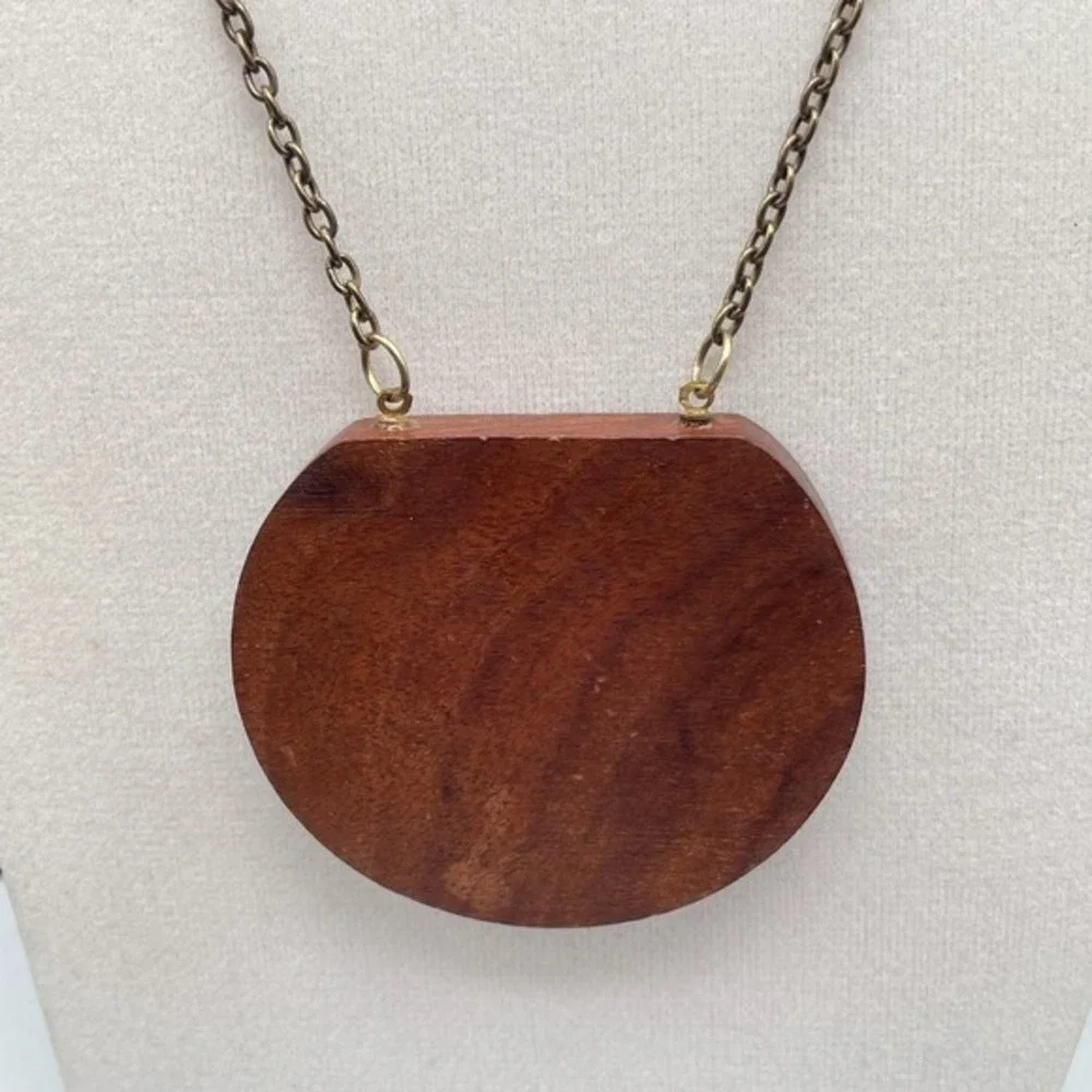 Vintage Brown Wood Round Pendant Necklace Boho Statement‎ Chain